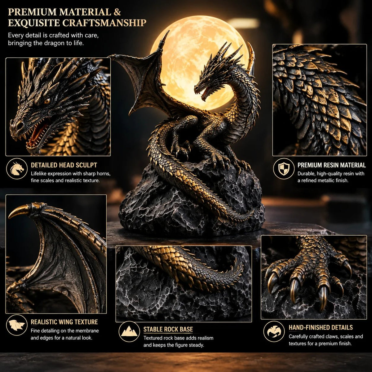 🐉 Lampe globe-trotte en forme de dragon gothique et de lune