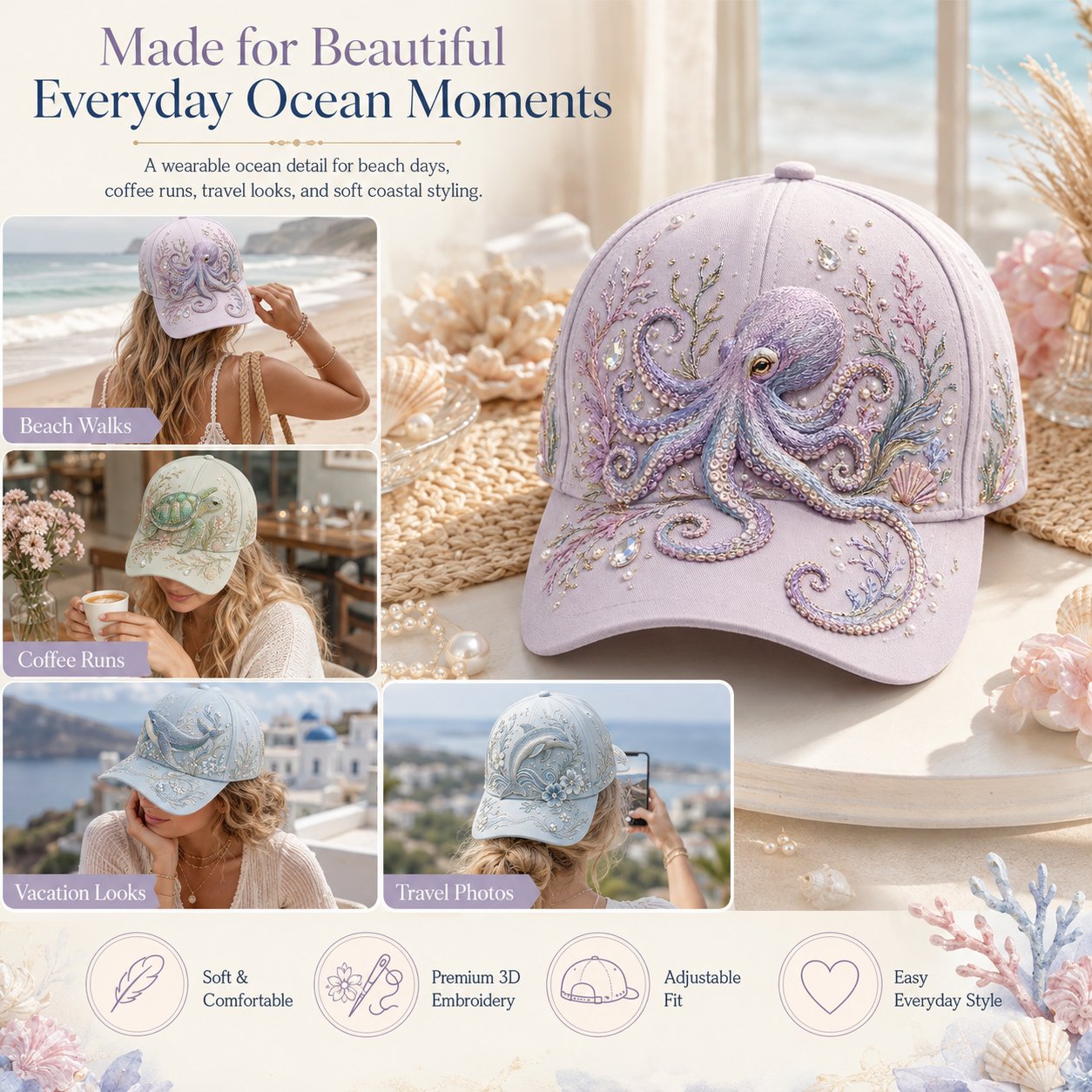 🌊 3D Ocean Creatures Embroidery Cap | Pearl & Crystal Adjustable Hat for Beach, Travel & Everyday Wear
