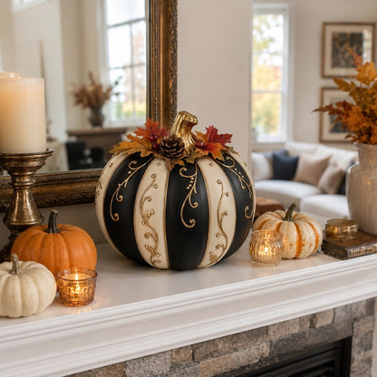 Lighted Black & Ivory Pumpkin Decor with Remote