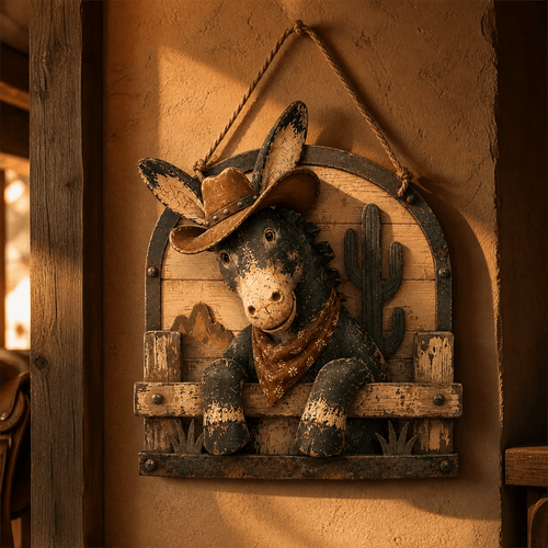 🫏 Rustic Cowboy Donkey Wall Hanging – Western Farmhouse Décor & Country Keepsake