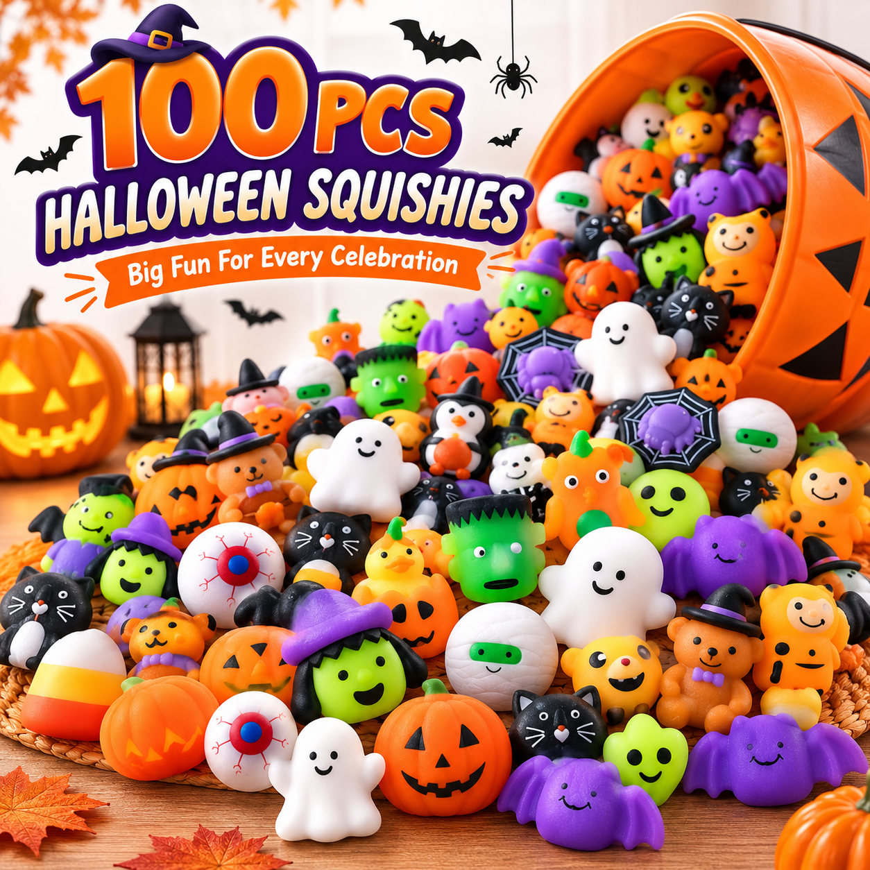🎃 100PCS Halloween Mochi Squishy Toys – Cute Sensory Party Favors & Goodie Bag Fillers✨