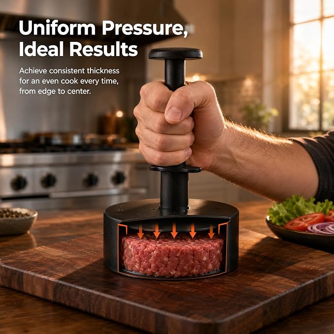 Hamburger Patty Maker with Press Handle, Burger Mold for Even Cooking
