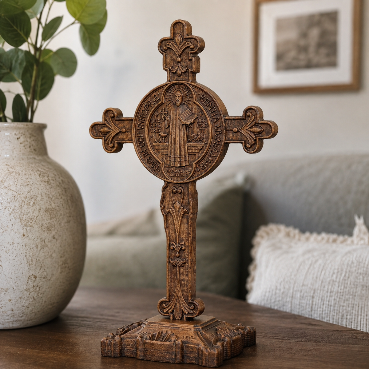Hand-Carved Beechwood Saint Benedict Crucifix – Double-Sided Christian Standing Cross