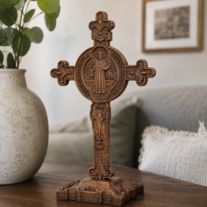 Hand-Carved Beechwood Saint Benedict Crucifix – Double-Sided Christian Standing Cross