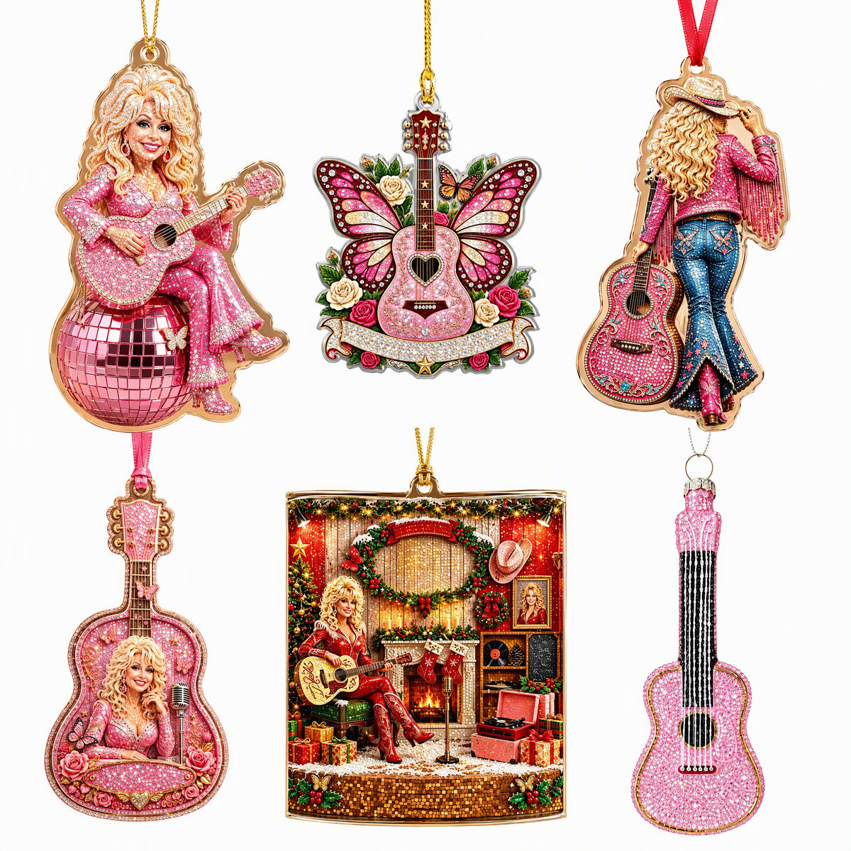 ✨Pink Country‑Music Themed DIY Diamond Painting Ornament Set of 6 ✨Handmade Rhinestone Hanging Decor for Home Door & Wall