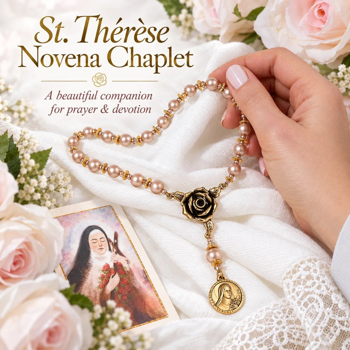 🌹 St. Thérèse “Little Flower” Rose Novena Chaplet – Blush Pearl Prayer Beads