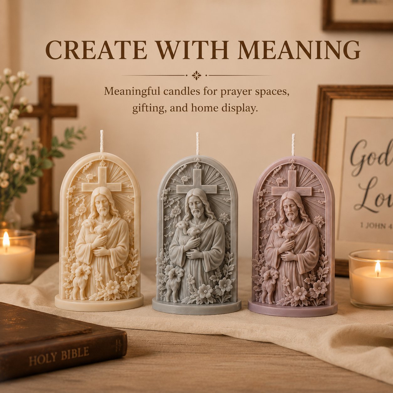 ✝️ 2-Piece Good Shepherd Jesus 3D Candle Mold Set | Sculpted Cross, Lamb & Floral Relief for Faith-Inspired Handmade Candles 🕯️✨