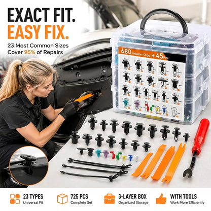 🚗 725PCS Car Push Retainer Clips & Fastener Assortment Kit