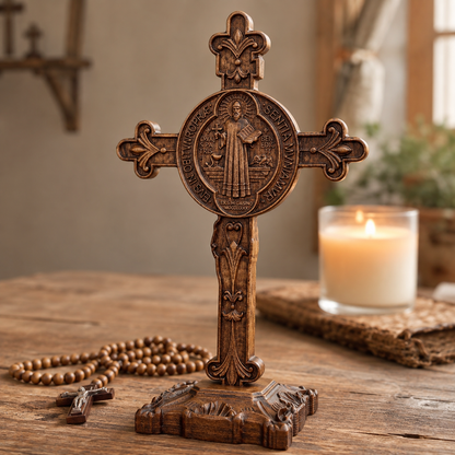 Hand-Carved Beechwood Saint Benedict Crucifix – Double-Sided Christian Standing Cross