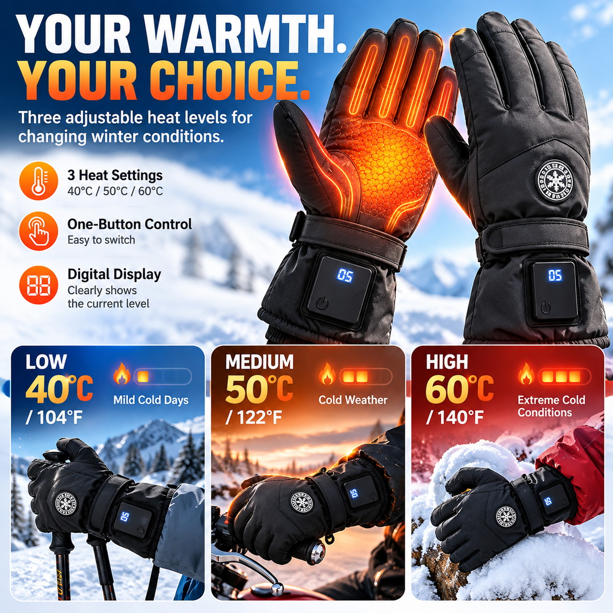 🔥 Rechargeable Heated Gloves – 3 Heat Settings, Waterproof Touchscreen Winter Gloves