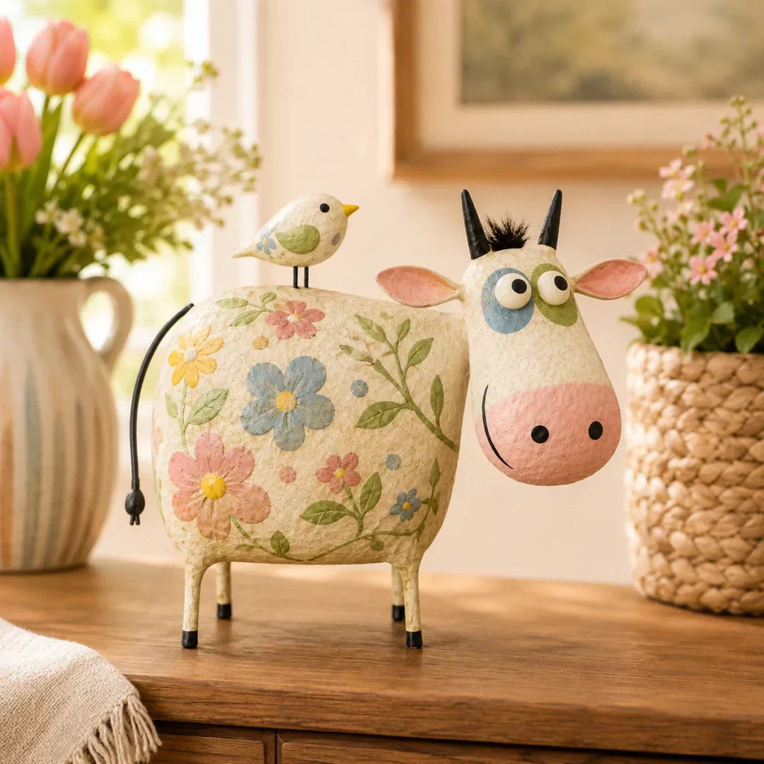 Whimsical Cow & Bird Folk Art Figurine
