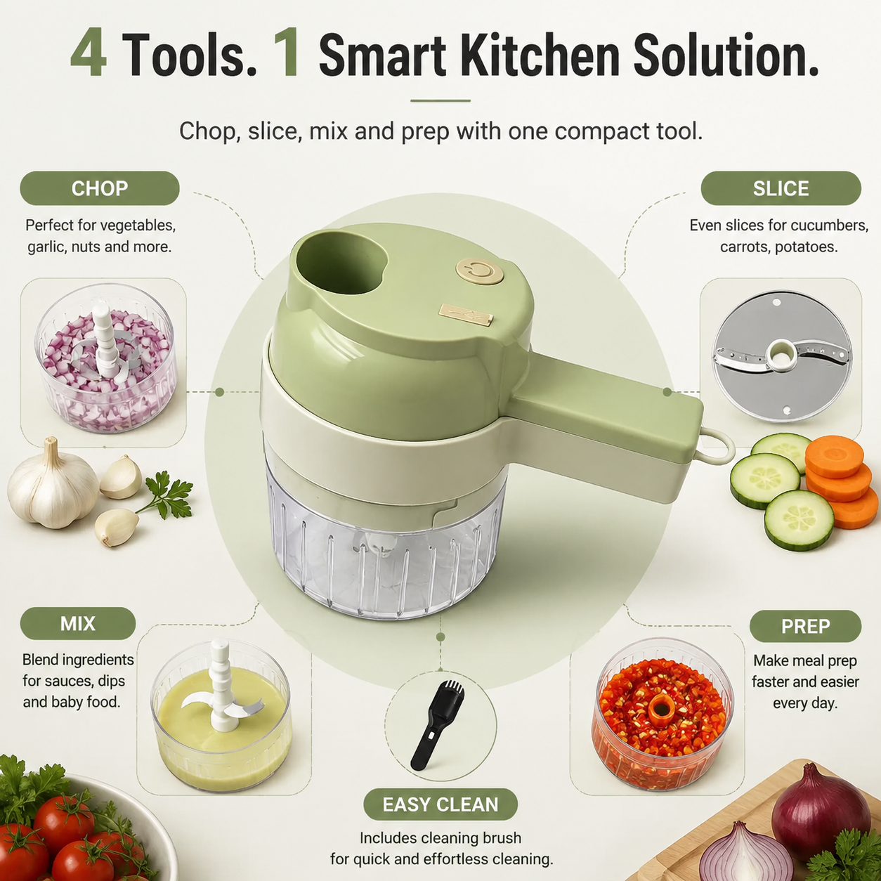 before and after kitchen food preparation with handheld chopper