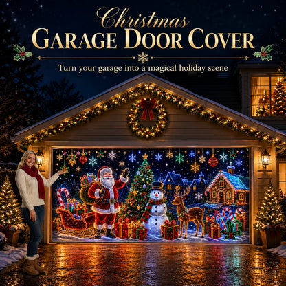 ⏳ Last Day 49% OFF – 🎄Oversized Christmas Wonderland Garage Door Cover | Neon-Inspired Santa Village Artwork with Snowman, Reindeer, Tree & Gingerbread House Details ✨