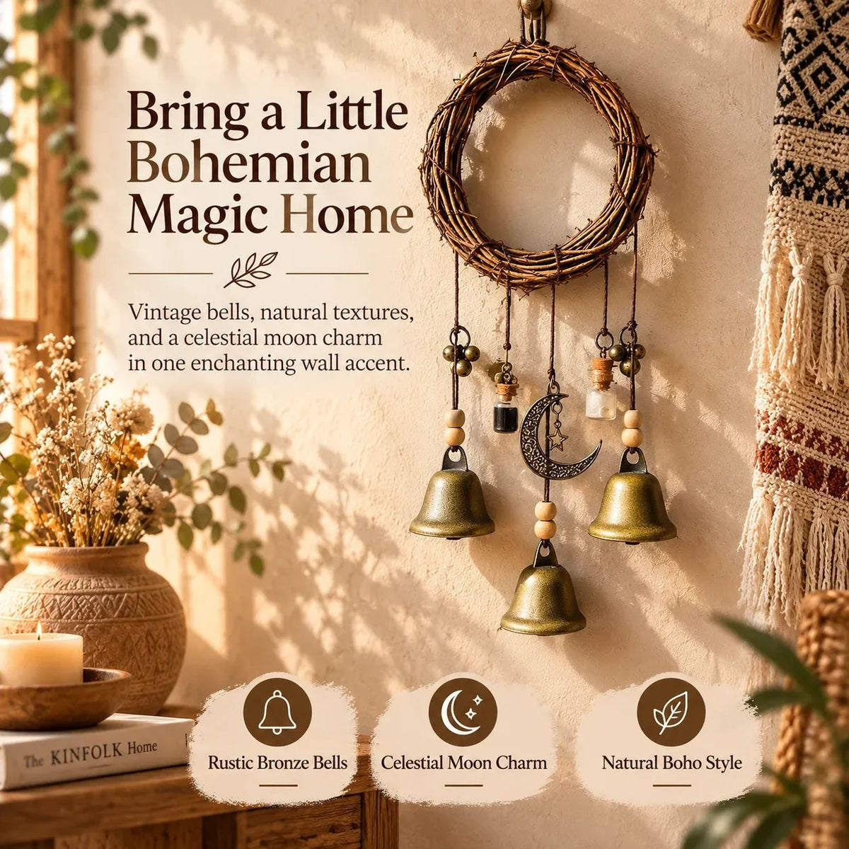 🌙🔔 Boho Moon & Bell Hanging Decor – Rustic Celestial Charm