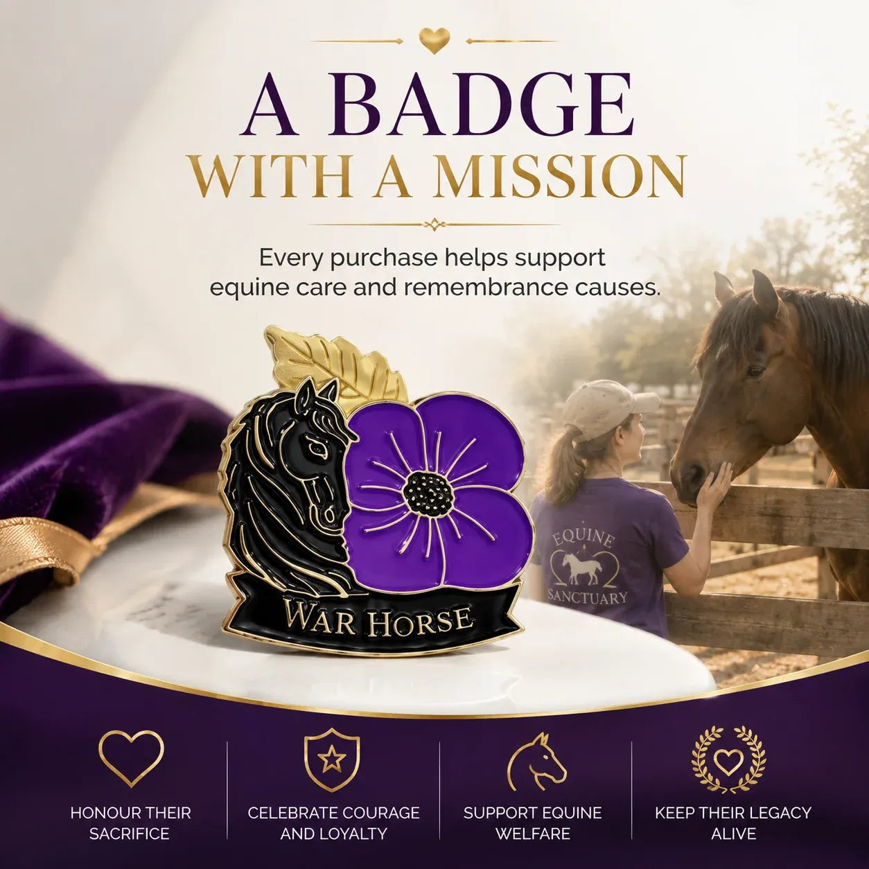 🐴 111th Anniversary War Horse Purple Poppy Remembrance Brooch | Meaningful Memorial Keepsake with Antique-Inspired Details for Veterans, Horse Lovers & History Collectors 💜