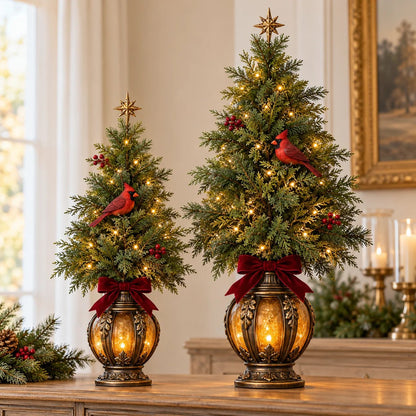 Pair of Cardinal Glow Trees with illuminated lantern bases and evergreen branches