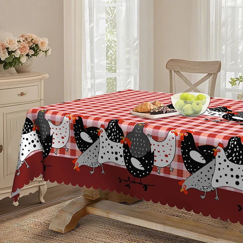 🔥HOT SALE🔥🐓 Farmhouse Rooster Tablecloth – Red Buffalo Plaid Chicken Table Cover, Spill Proof & Scalloped Lace Edge ✨