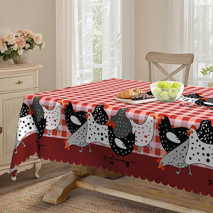 🔥HOT SALE🔥🐓 Farmhouse Rooster Tablecloth – Red Buffalo Plaid Chicken Table Cover, Spill Proof & Scalloped Lace Edge ✨
