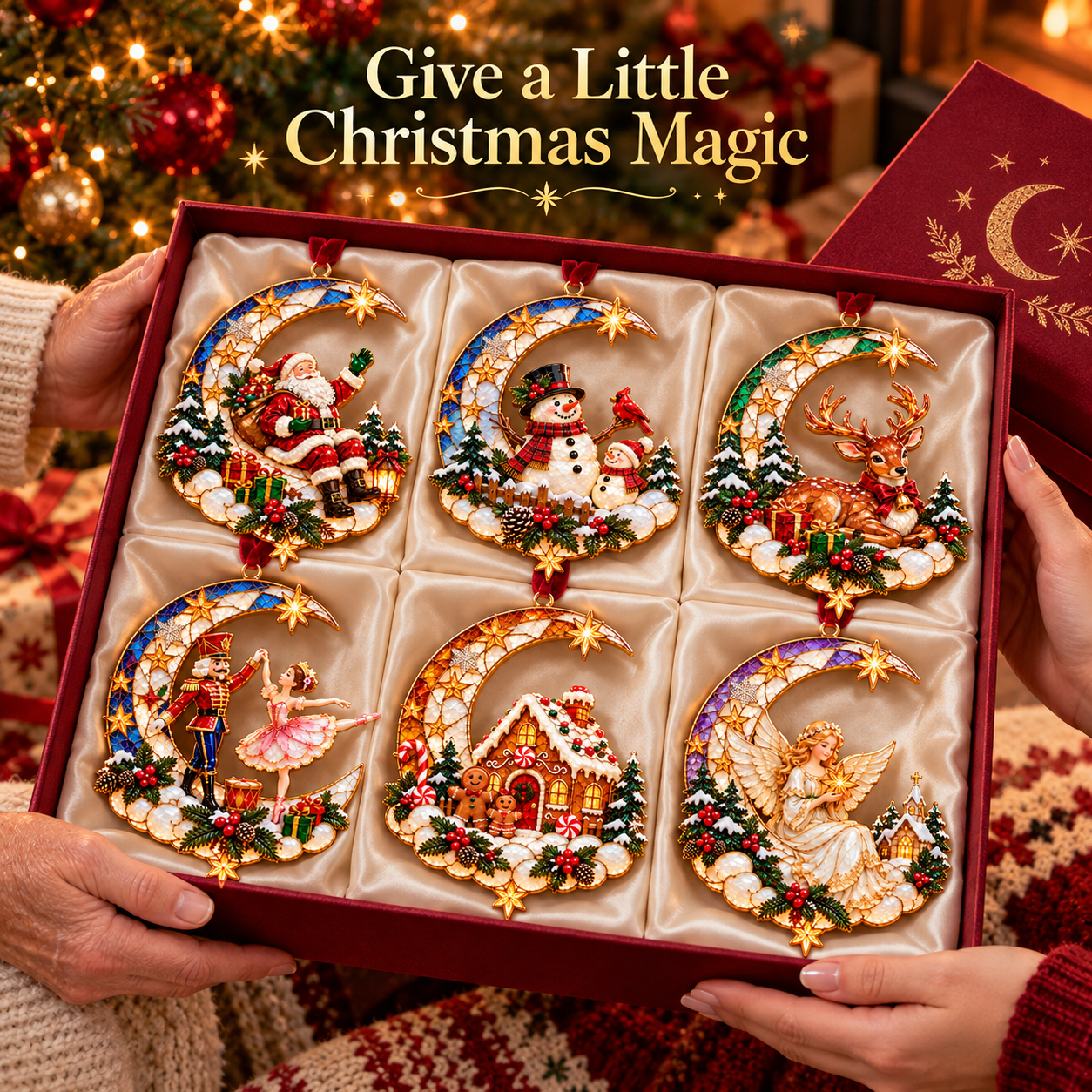 Moonlit Christmas crescent moon ornament gift presentation