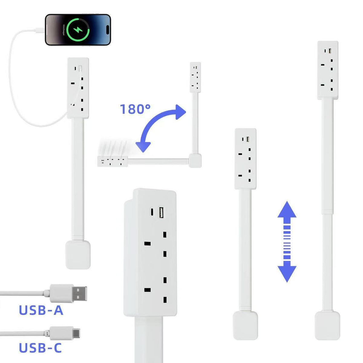 Flexible Outlet Extender with USB-C and USB-A, Rotating Plug, Power Adapter for Behind Furniture Access
