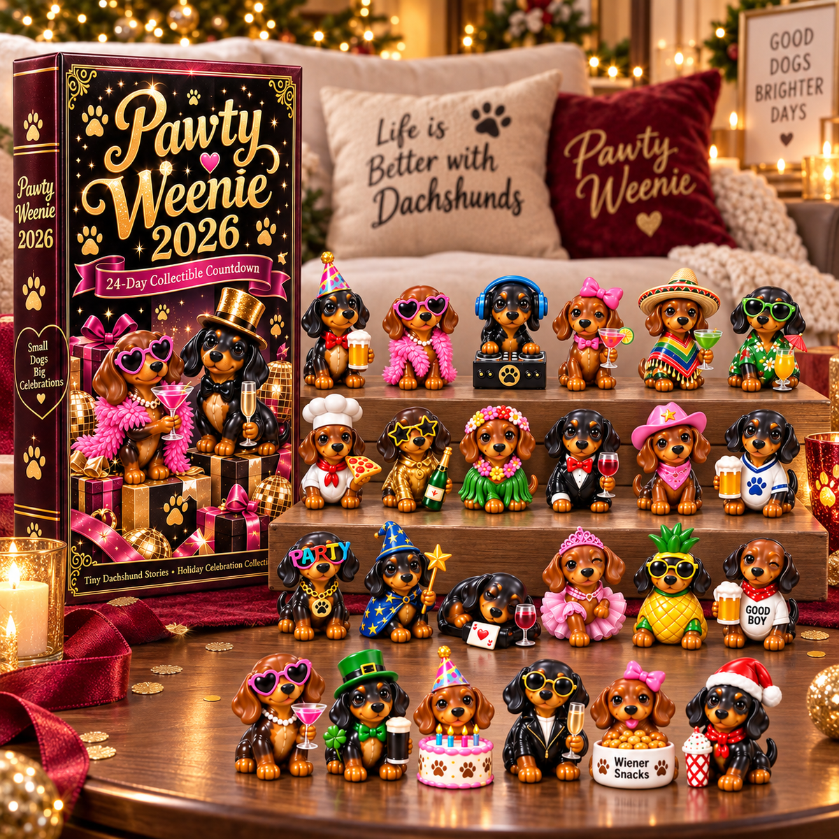 Pawty Weenie 2026 – 24-Day Dachshund Celebration Countdown Calendar with 24 Unique Collectible Miniatures, Fun Christmas Gift for Wiener Dog Lovers