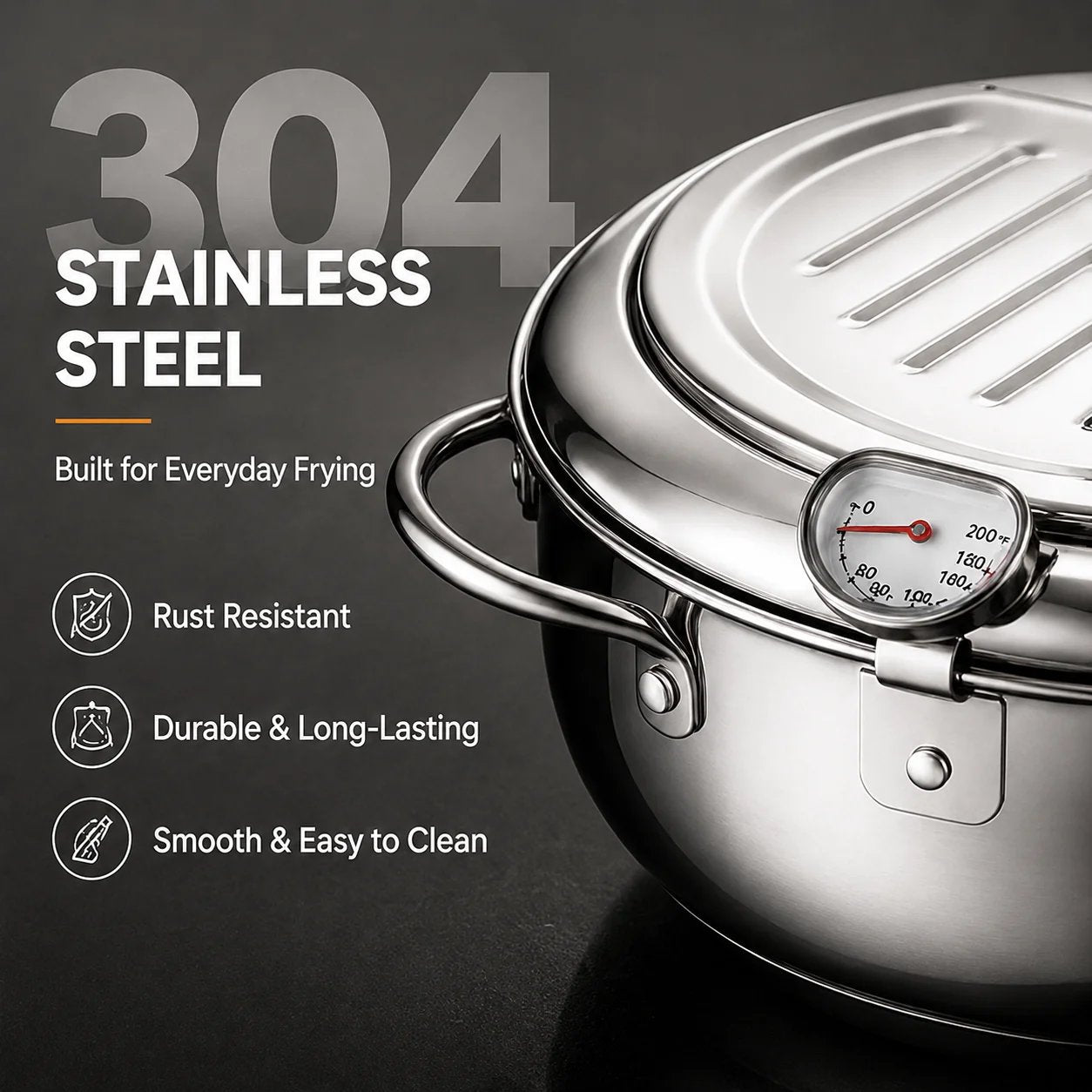 304 Stainless Steel Stovetop Deep Fryer Pot – With Thermometer