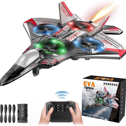 RC Flying Fighter Jet Toy with LED Lights & Stunt Rotation – Durable EVA Foam Remote Control Plane
