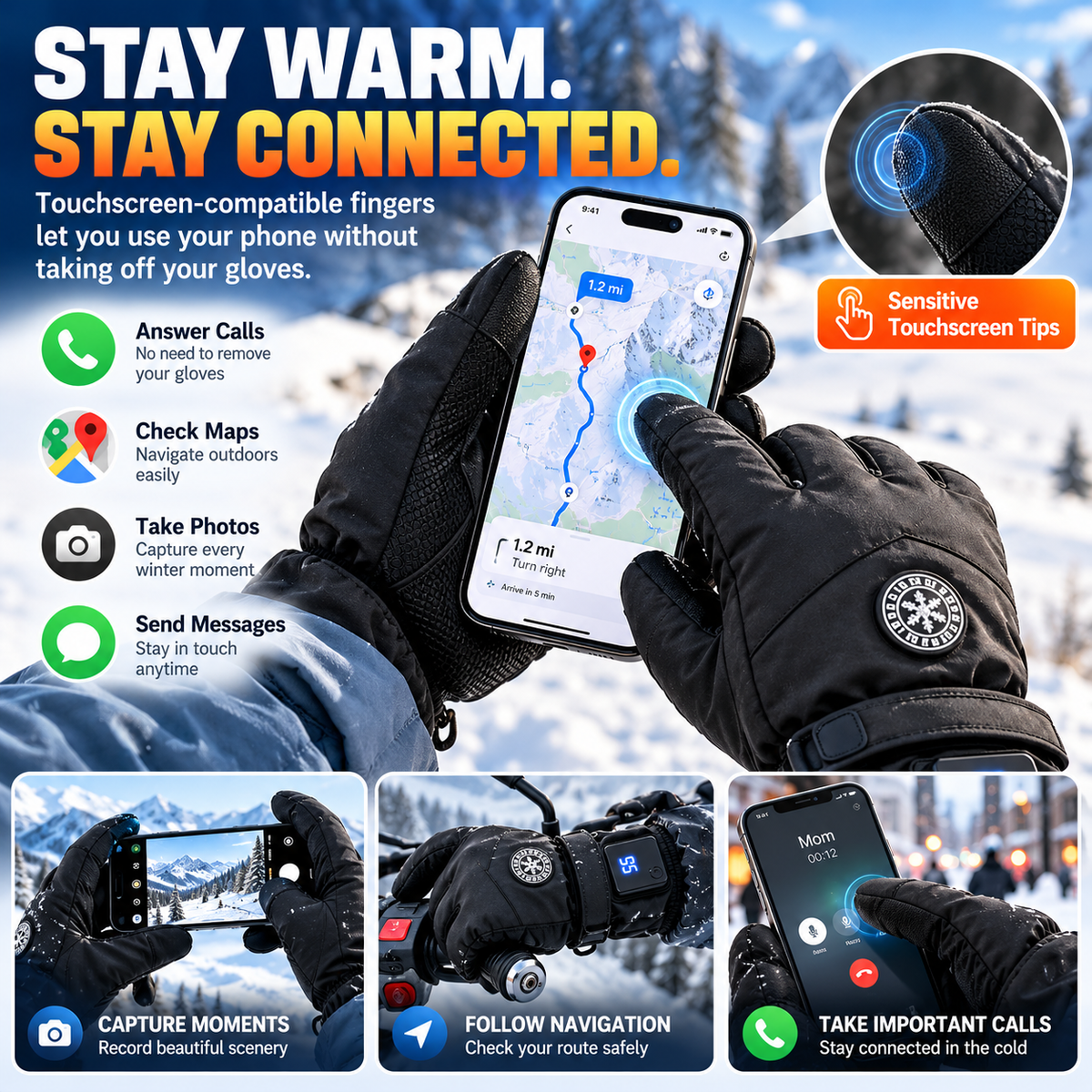 🔥 Rechargeable Heated Gloves – 3 Heat Settings, Waterproof Touchscreen Winter Gloves