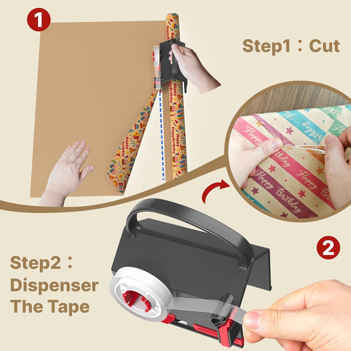 Dual Use Gift Wrap Cutter Tape Dispenser Kit, Portable Sliding Wrapping Paper Slicer, Replacement Blades Included, Household Office Gift Packaging Cutting Tool