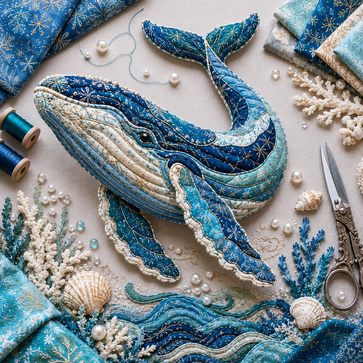 🌊🧵 Premium Ocean Patchwork DIY Kit | High-Quality Layered Fabric with Stitched Details DIY Handmade Coastal Decor 🐚✨