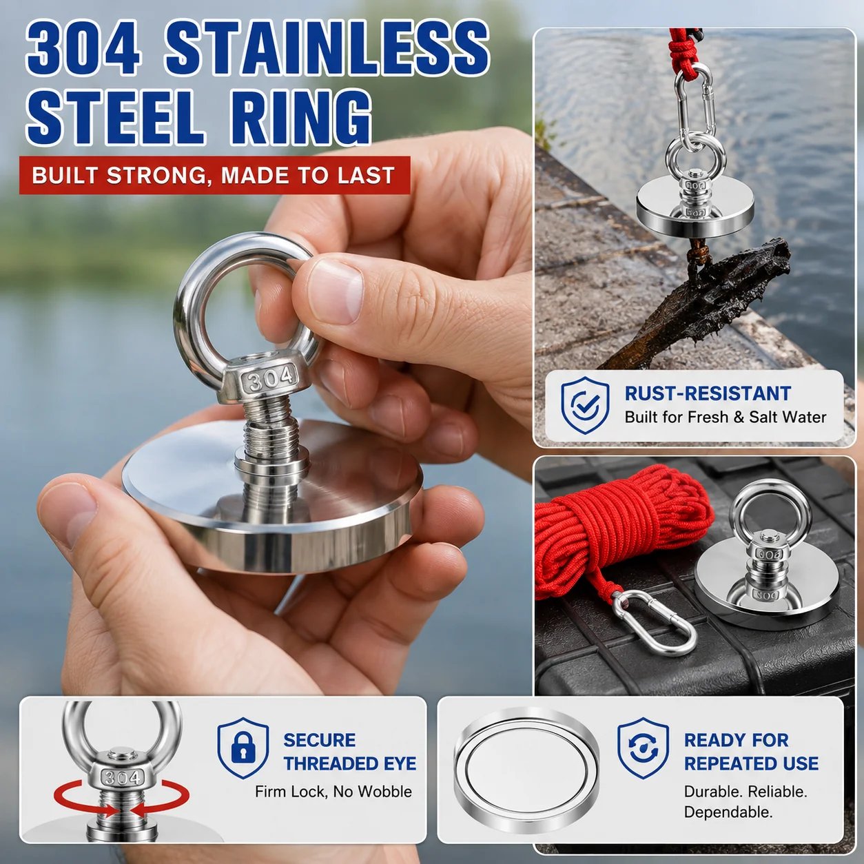 🔥🛠️Heavy Duty Fishing Magnet,Magnet with Countersunk Eyebolt
