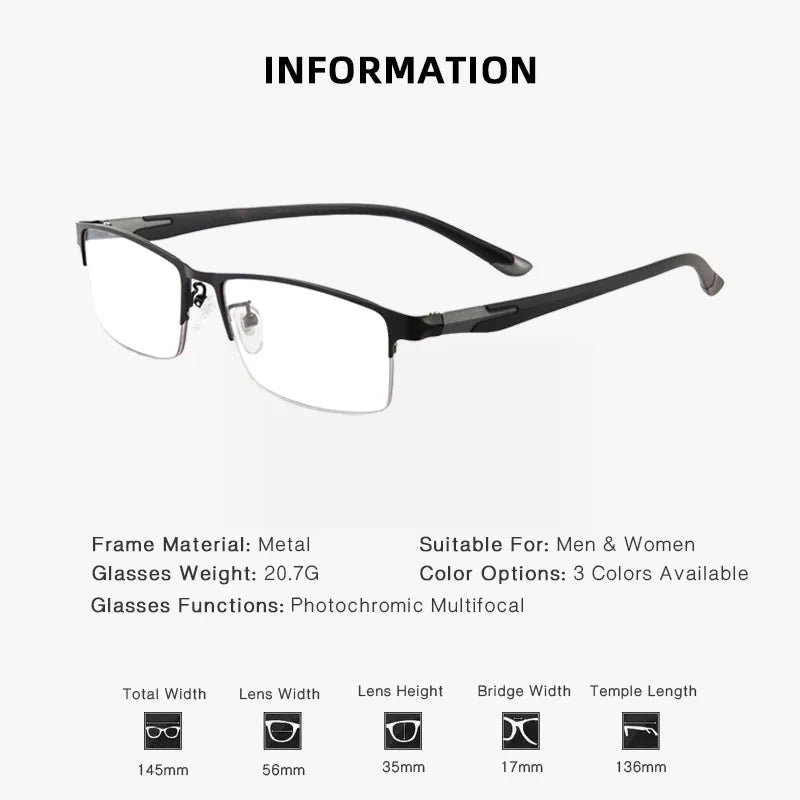 METAL ULTRA-LIGHT HALF-FRAME PHOTOCHROMIC MULTIFOCAL GLASSES