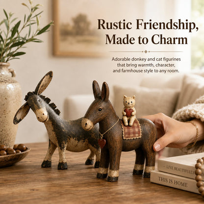 🐴 Rustic Donkey & Cat Friendship Figurine