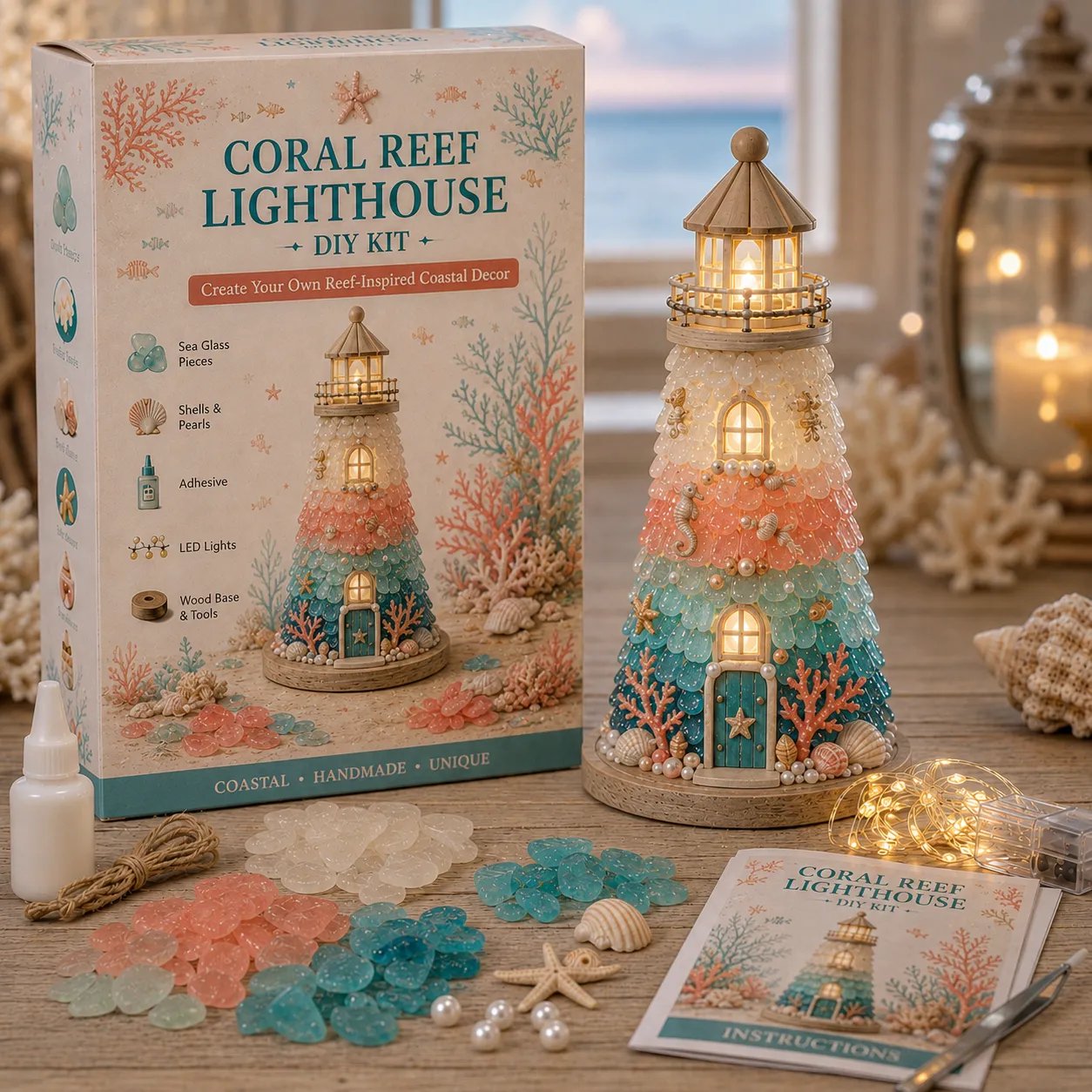 ⏳ Last Day 49% OFF – 🌊 Beginner-Friendly DIY Lighted Sea Glass-Style Lighthouse Kit Collection | Complete Kit with Sea Glass-Style Pieces, LED Lights & Step-by-Step Guide Included 💕