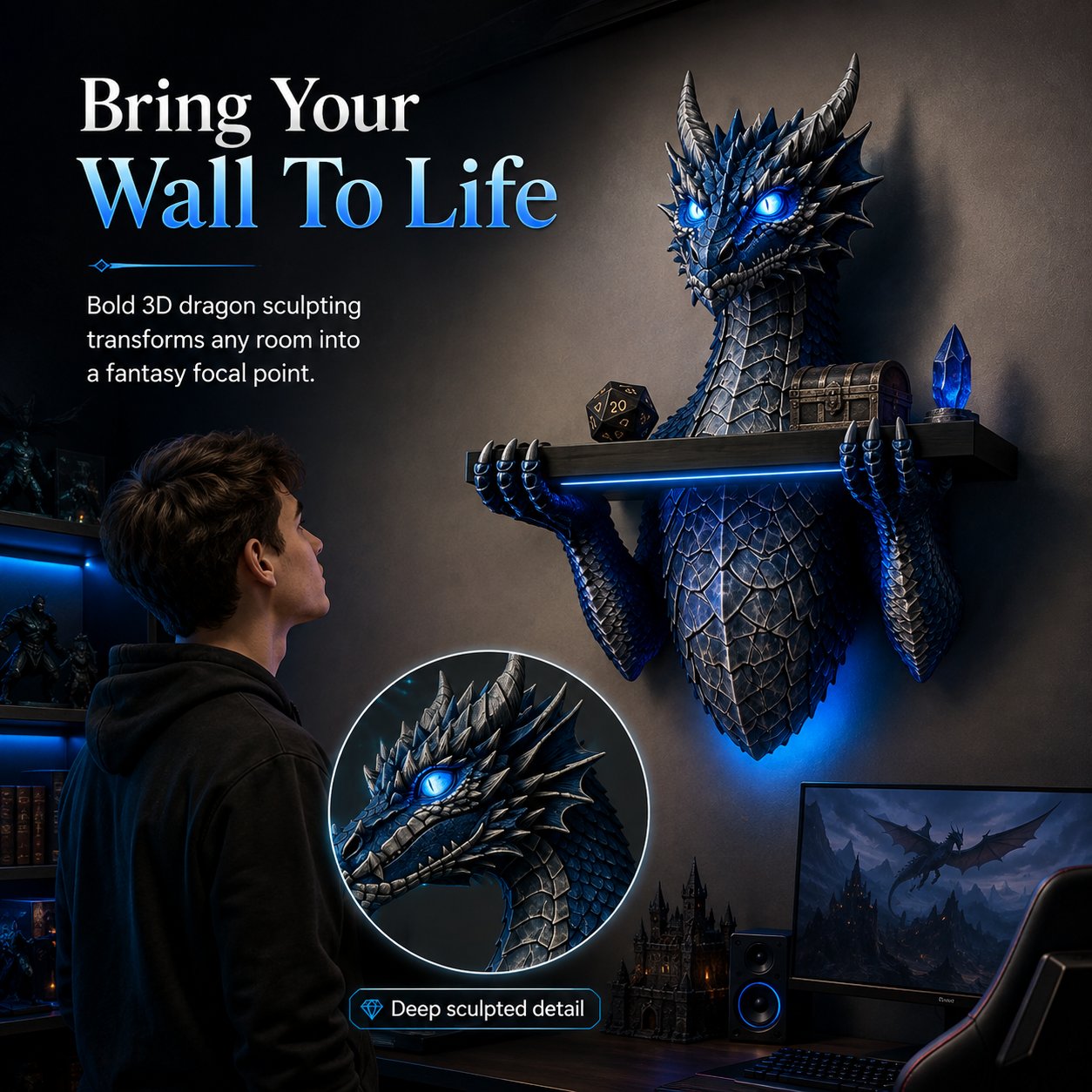 LED Dragon Bust Wall‑Mounted Sculpture Fantasy Themed Wall Decor With Blue Ambient Light For Game Room & Living Space