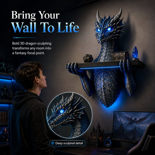 LED Dragon Bust Wall‑Mounted Sculpture Fantasy Themed Wall Decor With Blue Ambient Light For Game Room & Living Space
