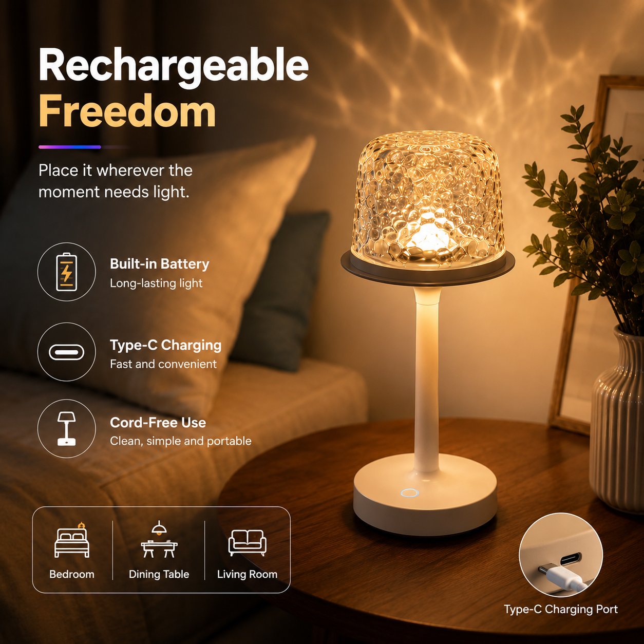 16-Color Water Ripple Projection Table Lamp – Rechargeable Remote & Touch Dimmable Mood Light
