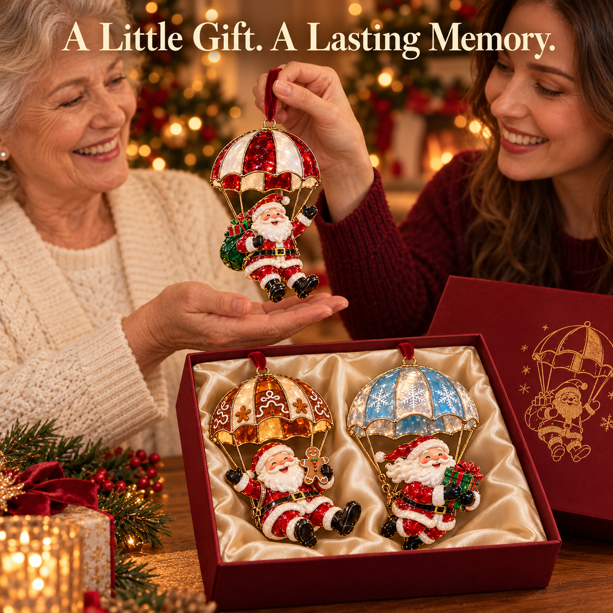 Mother and daughter sharing Parachuting Santa Christmas ornament gift