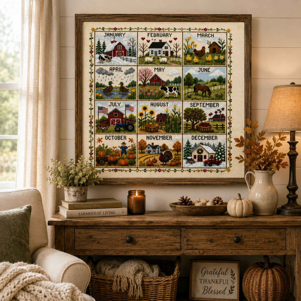 Finished Farmhouse Seasons cross stitch displayed as framed wall decor