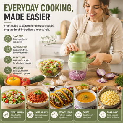 🥗 4-in-1 Handheld Food Chopper – Chop, Slice & Mix Faster for Effortless Everyday Cooking