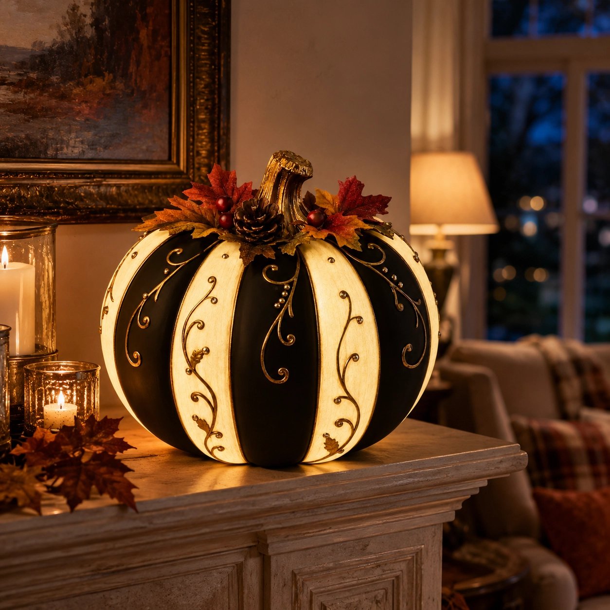 Lighted Black & Ivory Pumpkin Decor with Remote