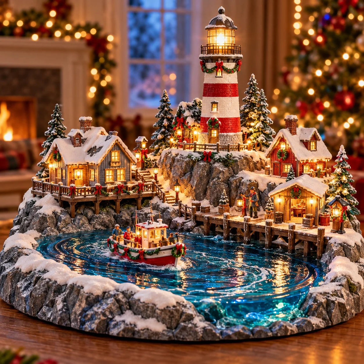 Coastal Christmas Harbor village with illuminated lighthouse, snowy cottages, fishing boat and blue harbor
