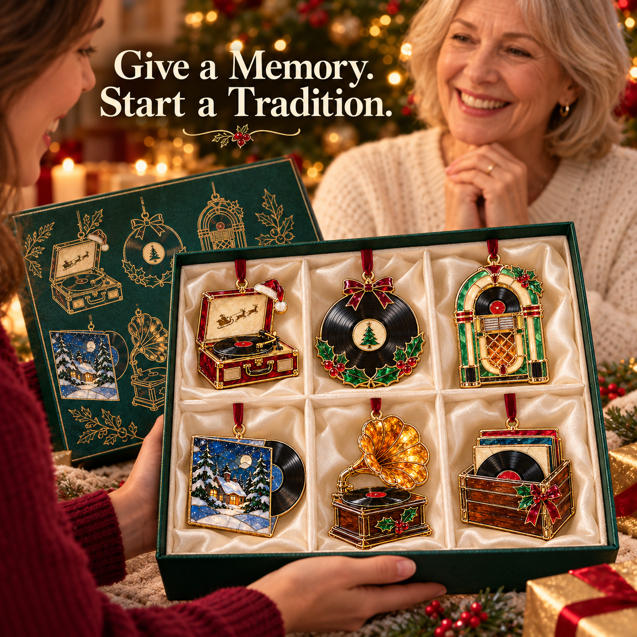 Vintage music Christmas ornaments presented as a nostalgic holiday gift