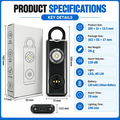 🚨 130dB Personal Safety Alarm 🔦 Rechargeable LED Emergency Alarm Keychain