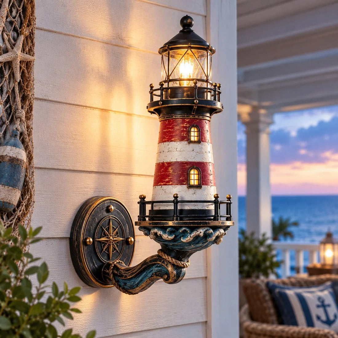 Vintage coastal lighthouse wall light glowing on a coastal wall