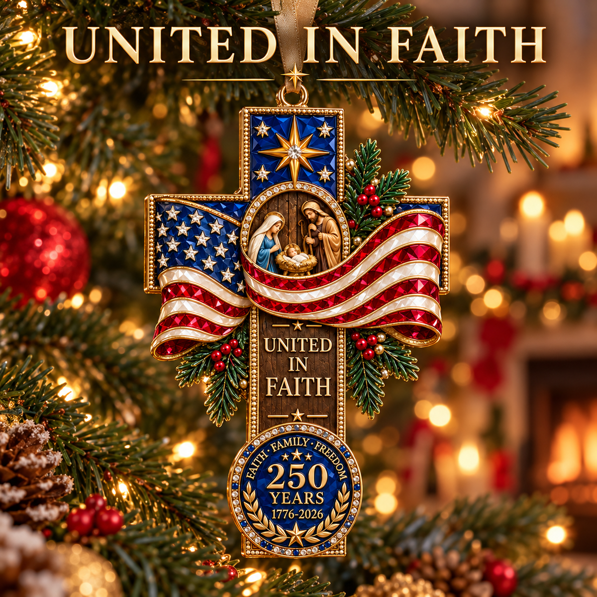2026 United in Faith Nativity Cross Christmas Ornament – 250th Anniversary Keepsake Gift
