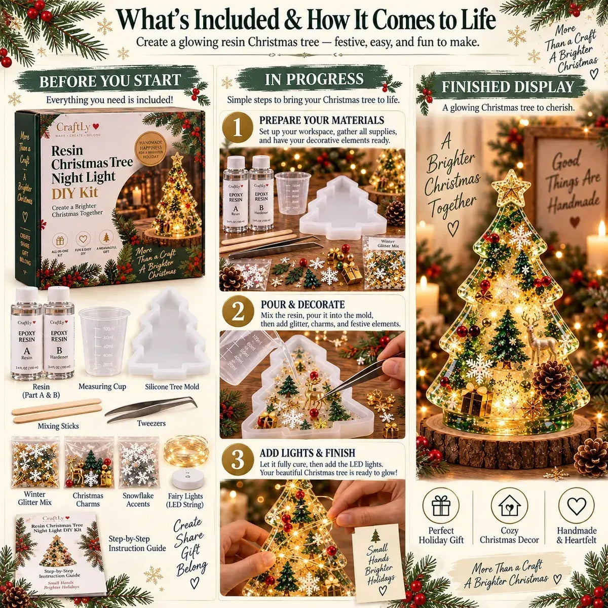 ⏳ Last Day 49% OFF – 🎄Beginner-Friendly Resin Christmas Tree Night Light DIY Kit | Mold, Resin, Fairy Lights & Festive Decorations Included ✨