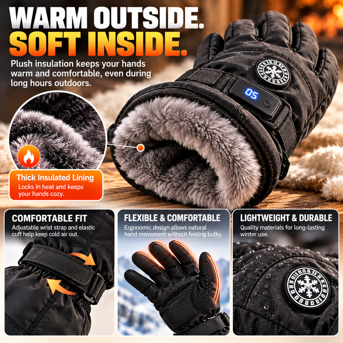 🔥 Rechargeable Heated Gloves – 3 Heat Settings, Waterproof Touchscreen Winter Gloves
