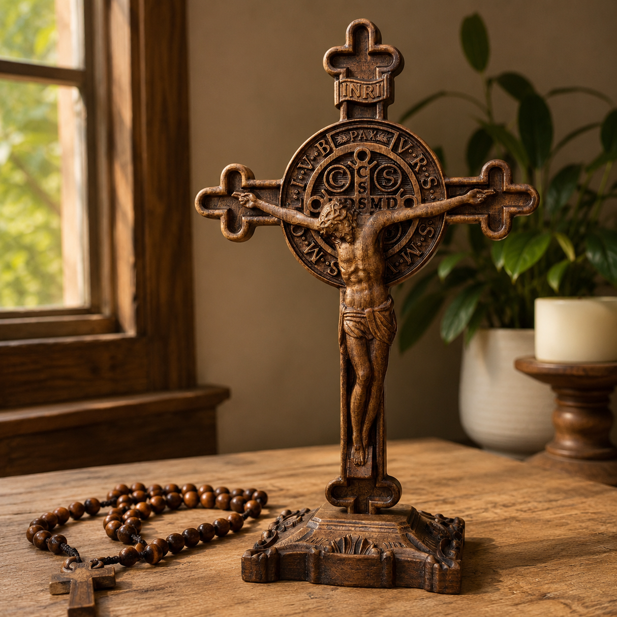 Hand-Carved Beechwood Saint Benedict Crucifix – Double-Sided Christian Standing Cross