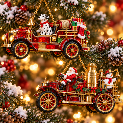 2026 Vintage Fire Truck Christmas Ornaments – Set of 6 | Stained-Glass Style with Festive Holiday Scenes & Golden Accents